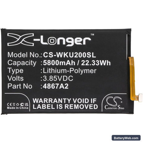 Wiko Power U20 Replacement Battery, 3.85V, 5800mAh, Li-Polymer 3