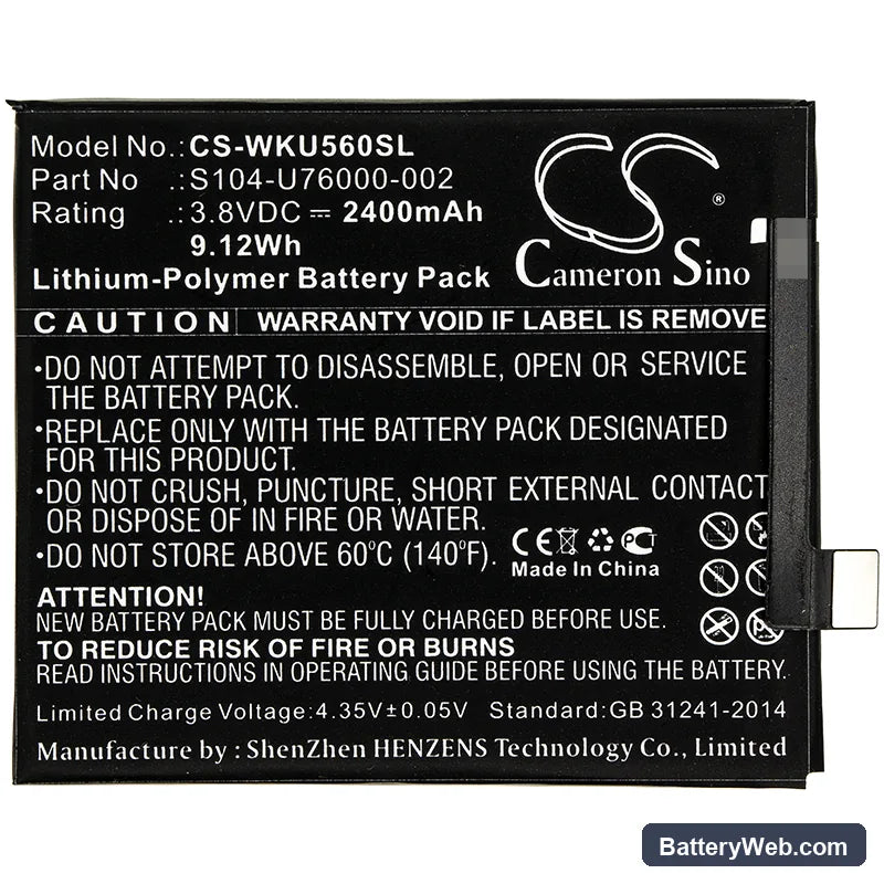 Wiko U Feel Replacement Battery, 3.8V, 2400mAh, Li-Polymer 3