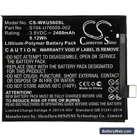 Wiko U Feel Replacement Battery, 3.8V, 2400mAh, Li-Polymer 3
