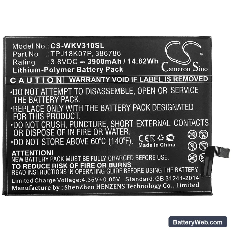 Wiko View3 Pro Replacement Battery, 3.8V, 3900mAh, Li-Polymer 3