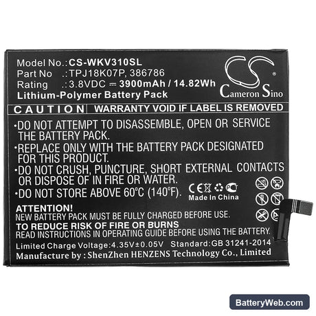 Wiko View3 Pro Replacement Battery, 3.8V, 3900mAh, Li-Polymer 3