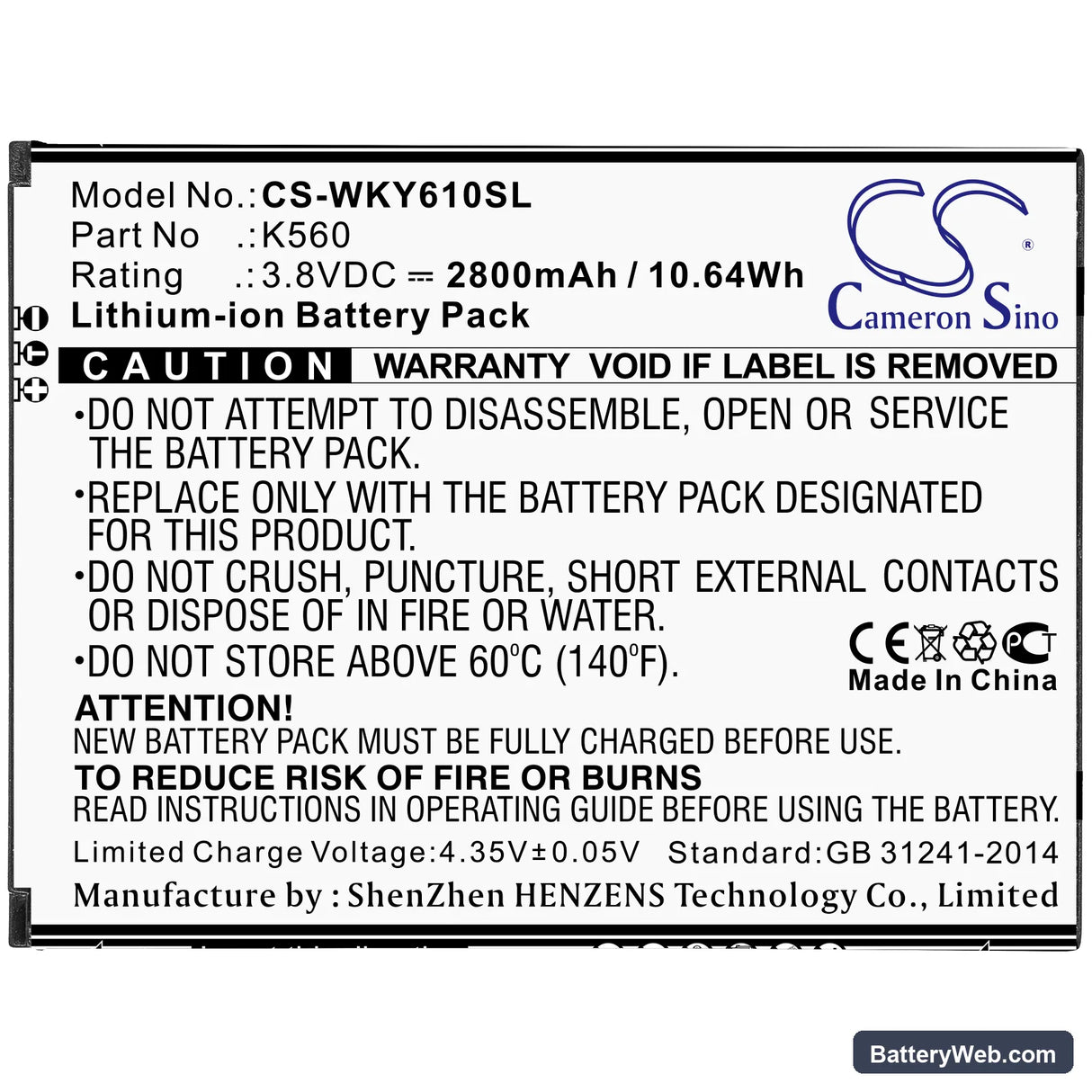 Wiko Y61 Replacement Battery, 3.8V, 2800mAh, Li-ion 3