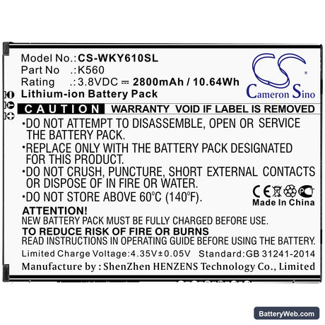 Wiko Y61 Replacement Battery, 3.8V, 2800mAh, Li-ion 3