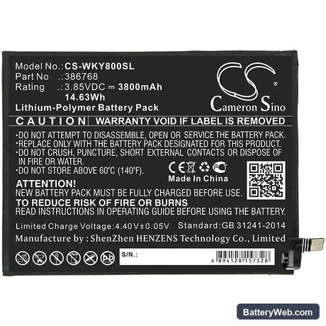 Wiko Y80 Replacement Battery, 3.85V, 3800mAh, Li-Polymer 3