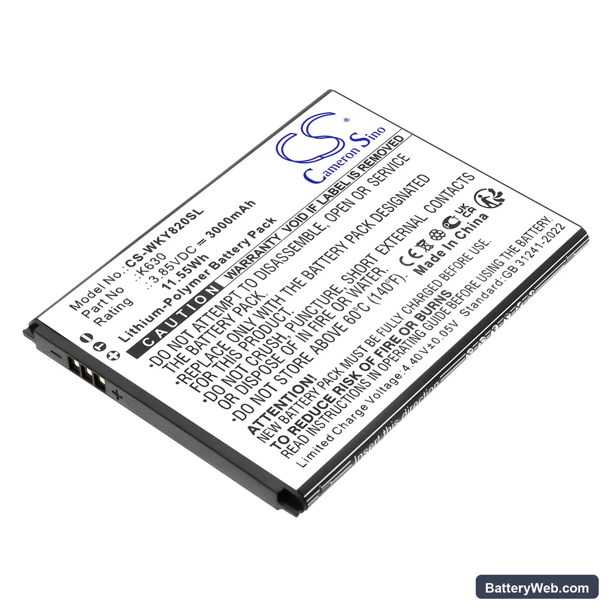 Wiko Y82 Replacement Battery, 3.85V, 3000mAh, Li-Polymer 1