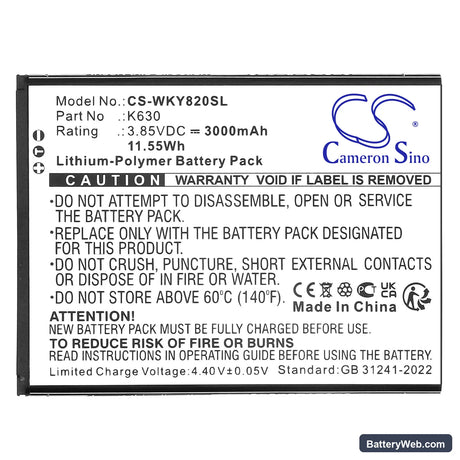 Wiko Y82 Replacement Battery, 3.85V, 3000mAh, Li-Polymer 3