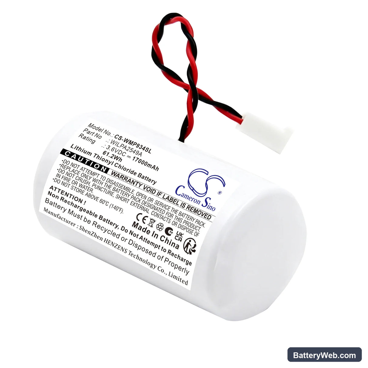 Water Meter WILPA2549A Replacement Battery, 3.6V, 17000mAh, Li-SOCl2 1