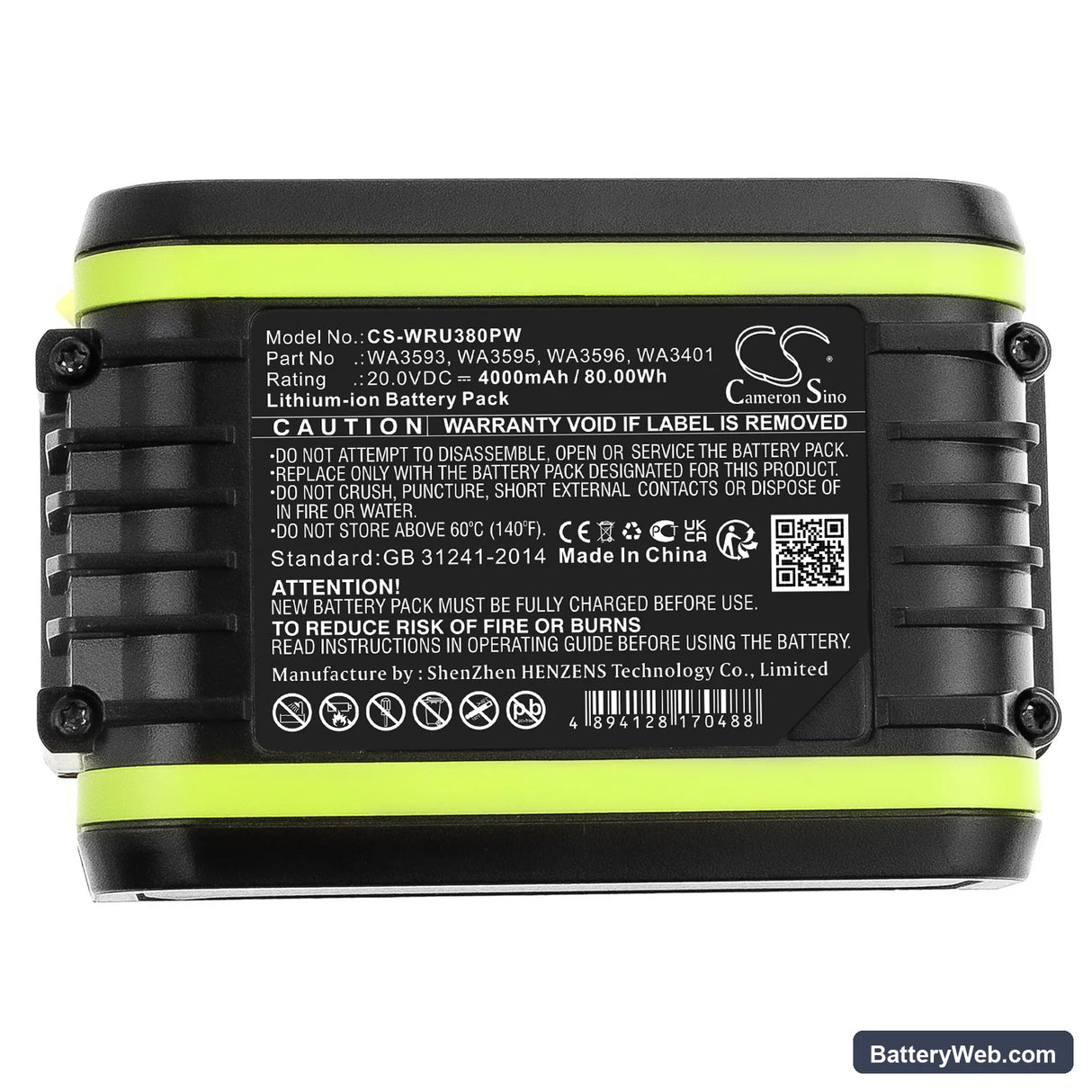 Worx WU380 Replacement Battery, 20V, 4000mAh, Li-ion 5