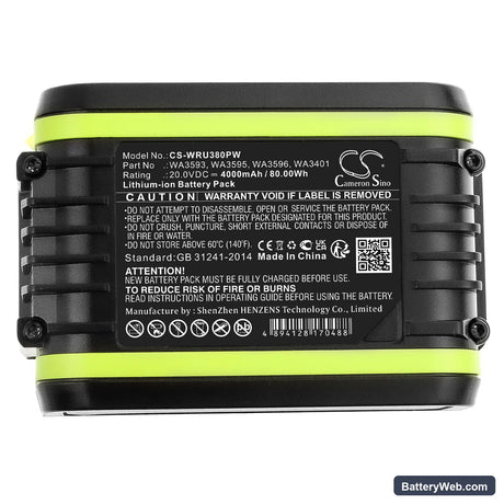 Worx WU380 Replacement Battery, 20V, 4000mAh, Li-ion 5