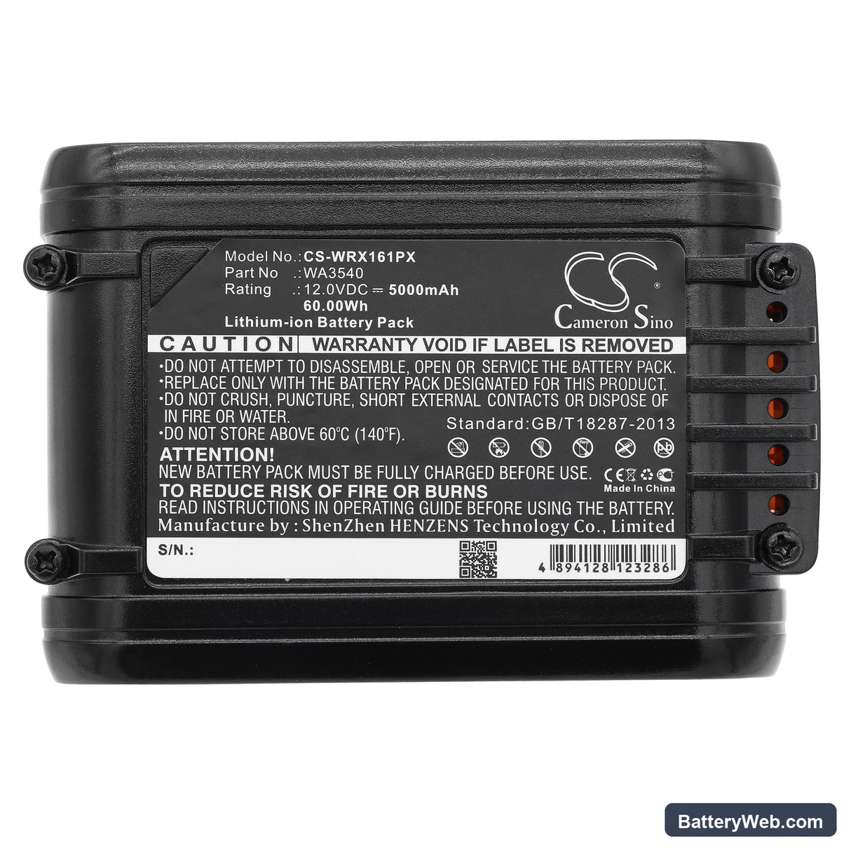 Worx WU137 Replacement Battery, 12V, 5000mAh, Li-ion 5