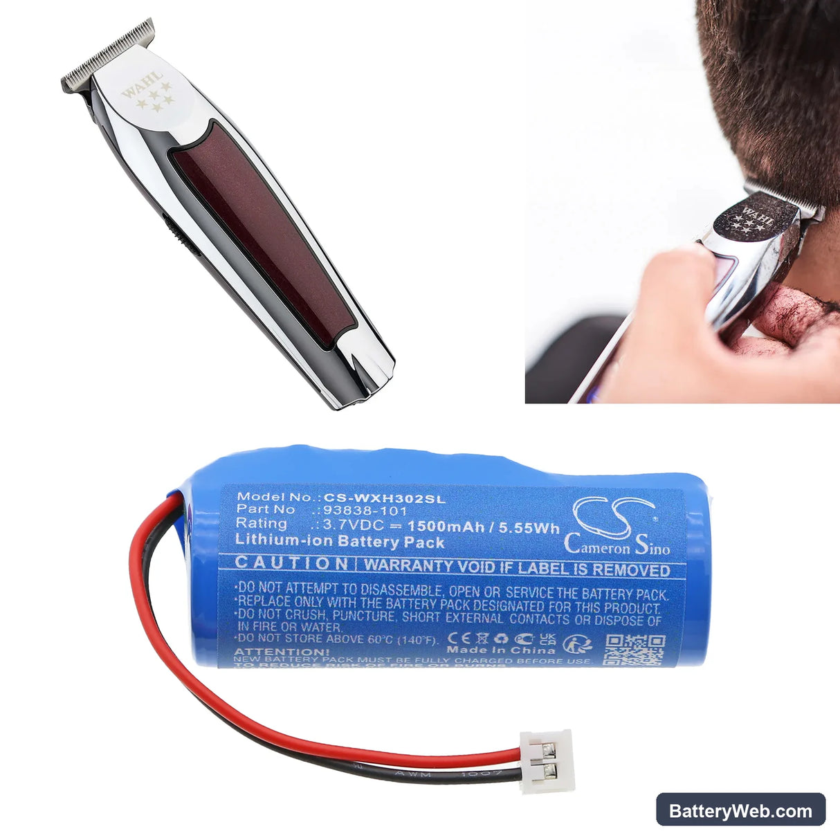 Wahl Detailer Cordless Trimmer Replacement Battery, 3.7V, 1500mAh, Li-ion 6