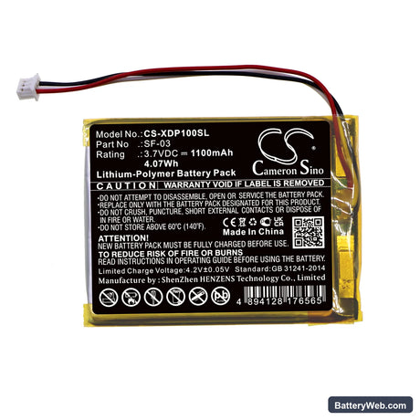 Sony XDR-P1DBP Replacement Battery, 3.7V, 1100mAh, Li-Polymer 3