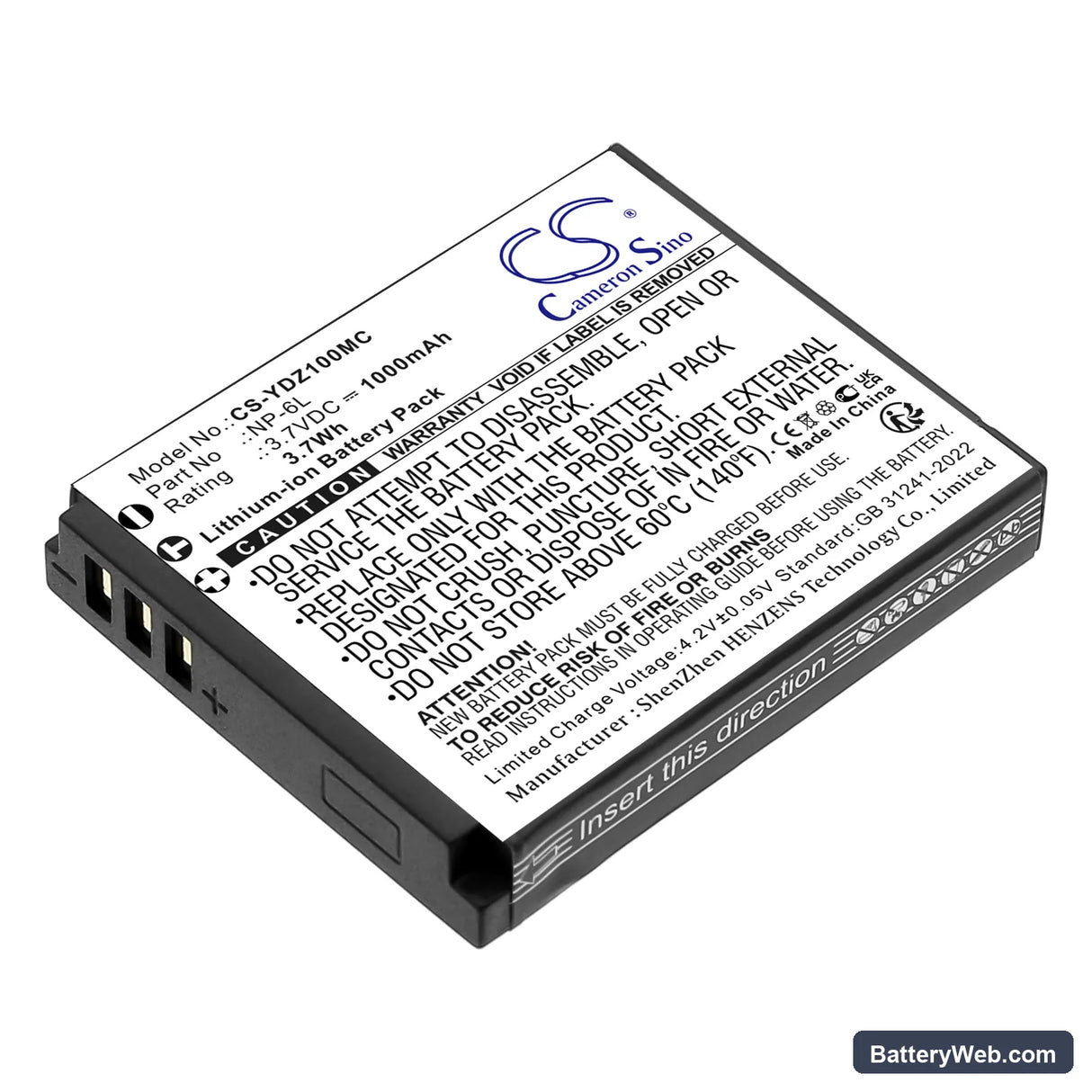 Yashica DZ-100 Hello Kitty Replacement Battery, 3.7V, 1000mAh, Li-ion 1