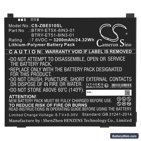 Zebra ET51 Windows OS Replacement Battery, 7.6V, 3200mAh, Li-Polymer 3