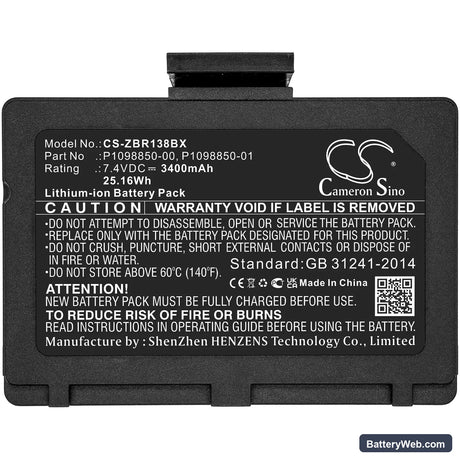 Zebra ZR138 Replacement Battery, 7.4V, 3400mAh, Li-ion 5