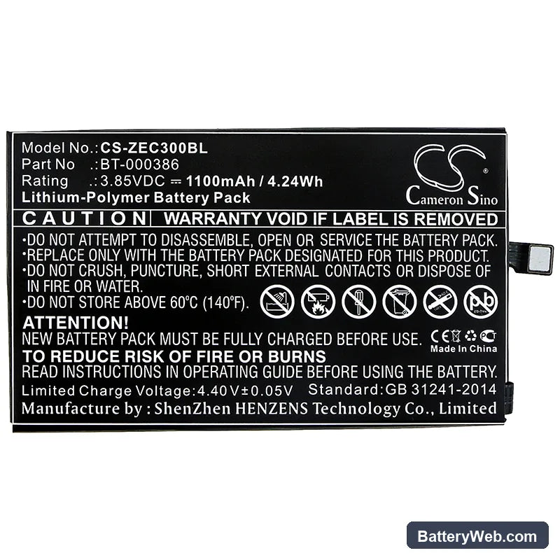 Zebra EC30 Replacement Battery, 3.85V, 1100mAh, Li-Polymer 3