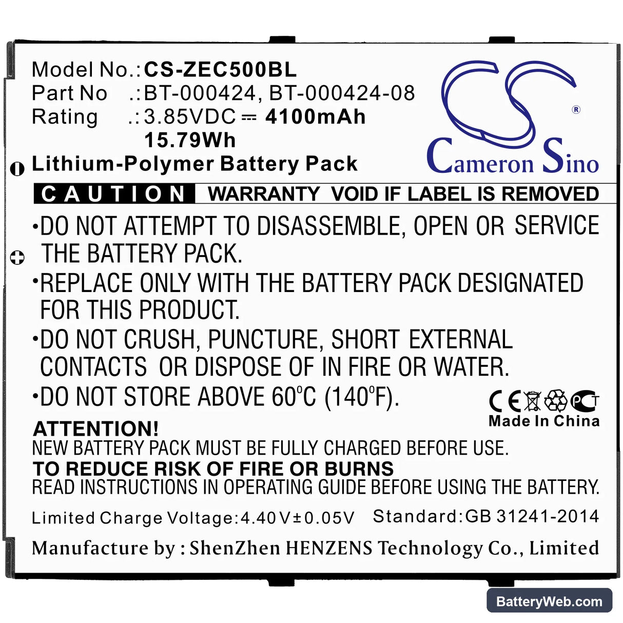 Zebra EC50 Replacement Battery, 3.85V, 4100mAh, Li-Polymer 3