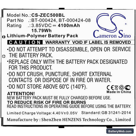 Zebra EC50 Replacement Battery, 3.85V, 4100mAh, Li-Polymer 3