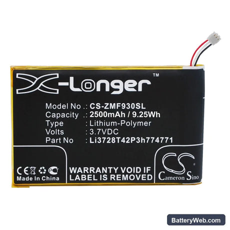 T-Mobile Z915 Replacement Battery, 3.7V, 2500mAh, Li-Polymer 3