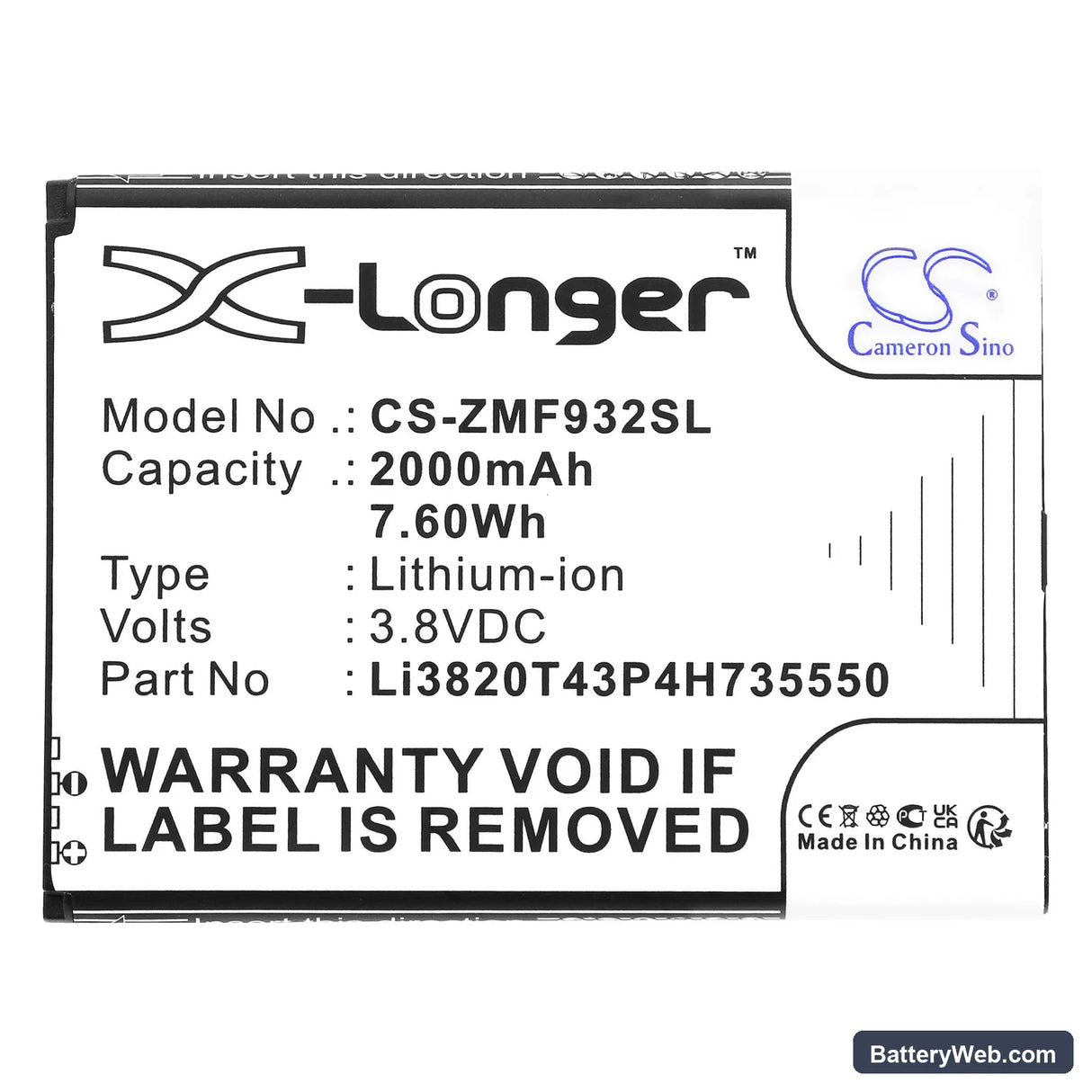 ZTE WiFi5 MF932 Replacement Battery, 3.8V, 2000mAh, Li-ion 3