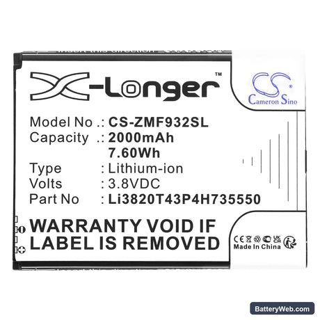 ZTE WiFi5 MF932 Replacement Battery, 3.8V, 2000mAh, Li-ion 3