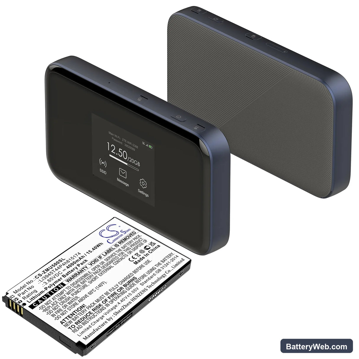 ZTE MU500 Replacement Battery, 3.85V, 4000mAh, Li-Polymer 4