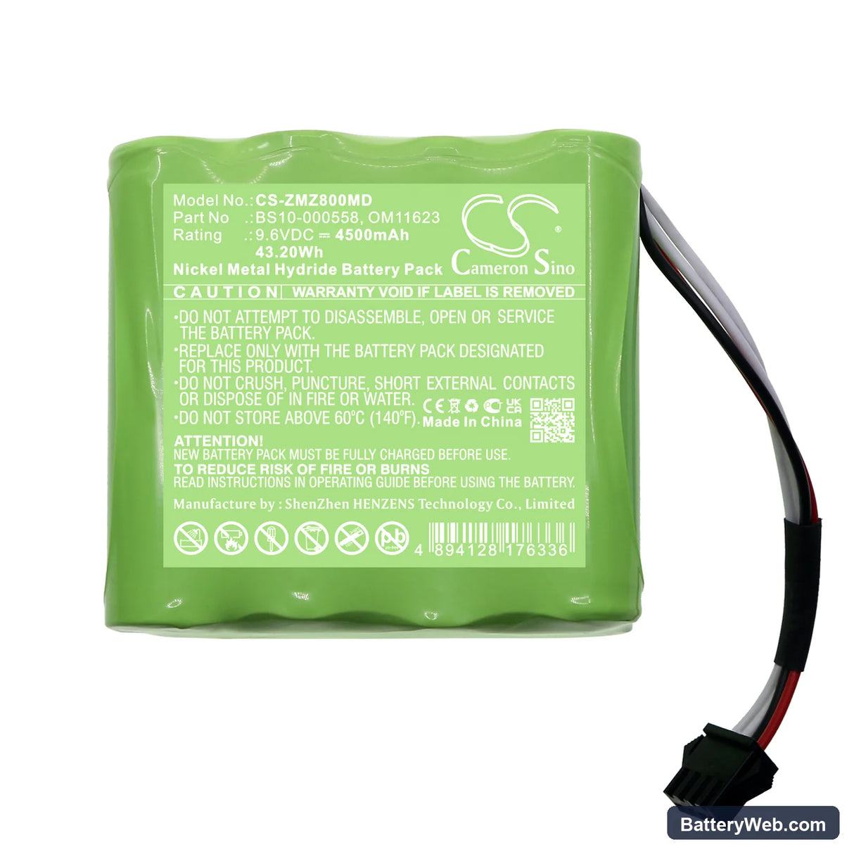 Zyno Medical Z-800 Infusion Pump Replacement Battery, 9.6V, 4500mAh, Ni-MH 3