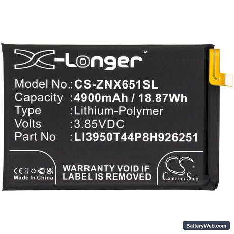 ZTE Nubia Play Replacement Battery, 3.85V, 4900mAh, Li-Polymer 3
