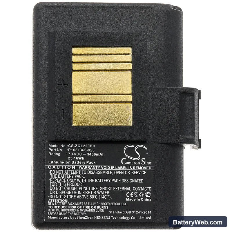 Zebra QLN220 Replacement Battery, 7.4V, 3400mAh, Li-ion 3