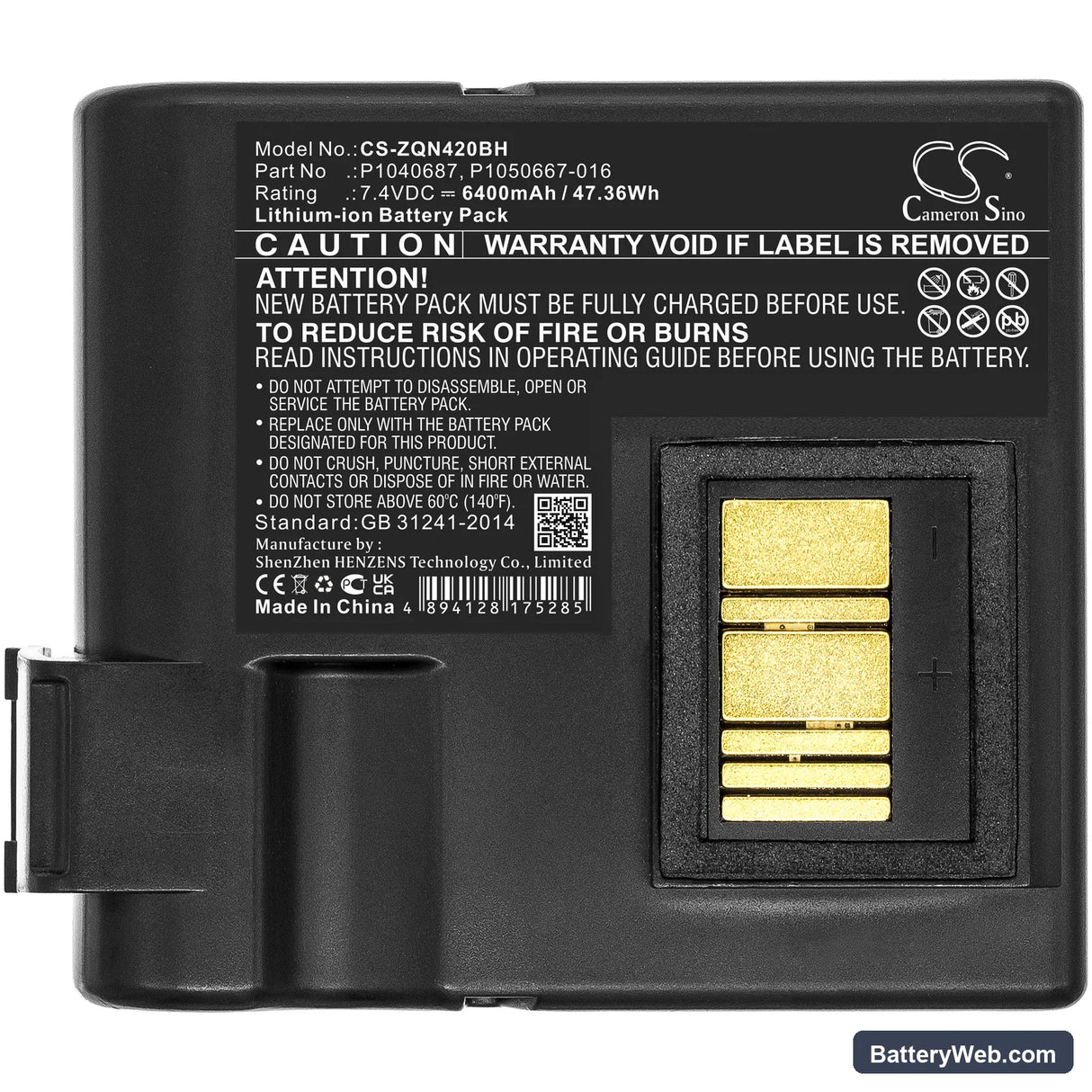 Zebra QLN420 Replacement Battery, 7.4V, 6400mAh, Li-ion 3
