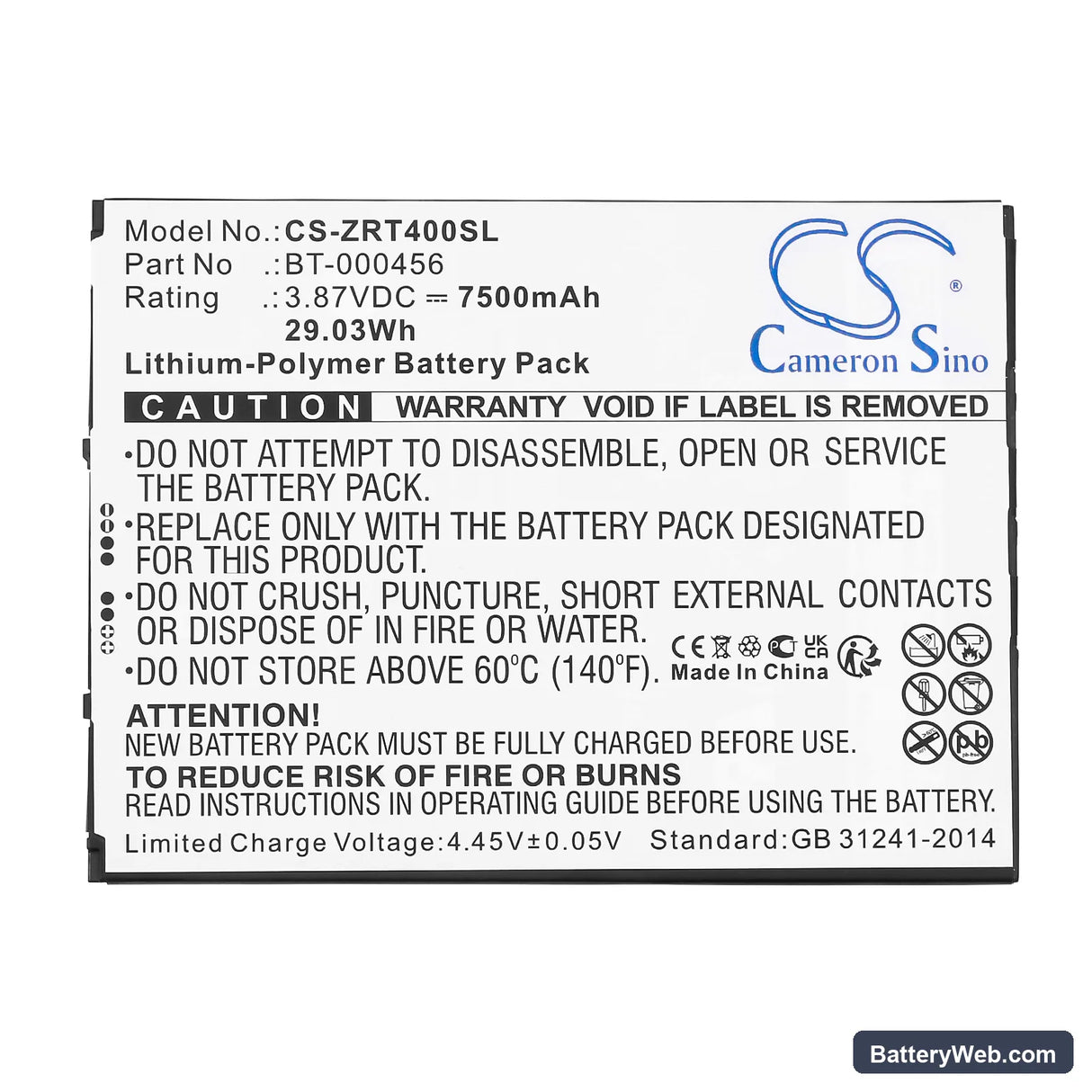 Zebra ET40 Replacement Battery, 3.87V, 7500mAh, Li-Polymer 5