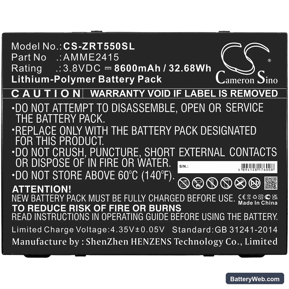 Zebra ET50 Replacement Battery, 3.8V, 8600mAh, Li-Polymer 5