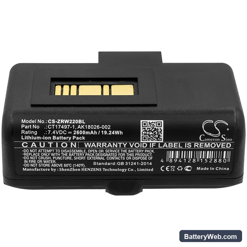 Zebra RW220 Replacement Battery, 7.4V, 2600mAh, Li-ion 5