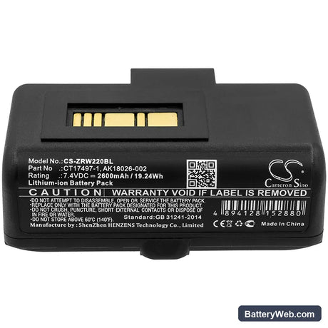 Zebra RW220 Replacement Battery, 7.4V, 2600mAh, Li-ion 5