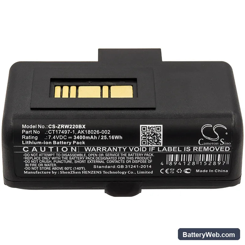 Zebra RW220 Replacement Battery, 7.4V, 3400mAh, Li-ion 5
