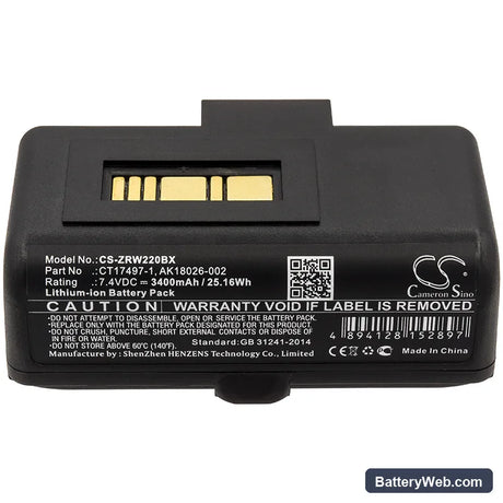 Zebra RW220 Replacement Battery, 7.4V, 3400mAh, Li-ion 5