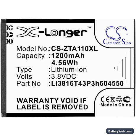 ZTE Blade A110 Replacement Battery, 3.8V, 1200mAh, Li-ion 3