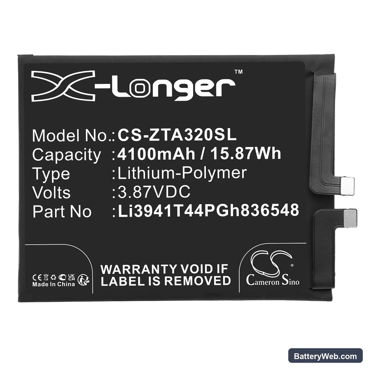 ZTE Axon 30 Replacement Battery, 3.87V, 4100mAh, Li-Polymer 3