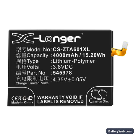 ZTE Blade A601 Replacement Battery, 3.8V, 4000mAh, Li-Polymer 3