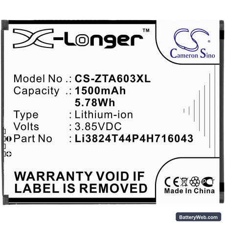 ZTE Blade A520 Replacement Battery, 3.85V, 1500mAh, Li-ion 3