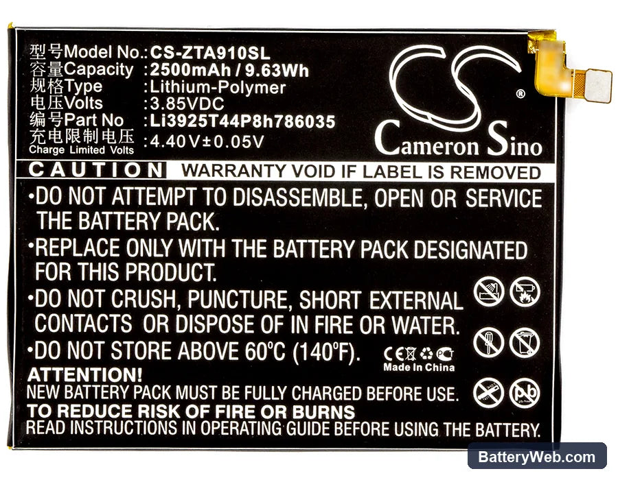 ZTE Blade A910 Replacement Battery, 3.85V, 2500mAh, Li-Polymer 5
