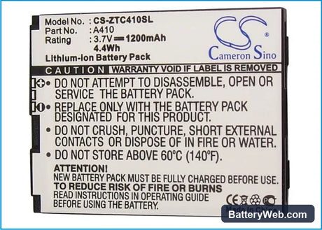 ZTE Cricket A410 Replacement Battery, 3.7V, 1200mAh, Li-ion 5