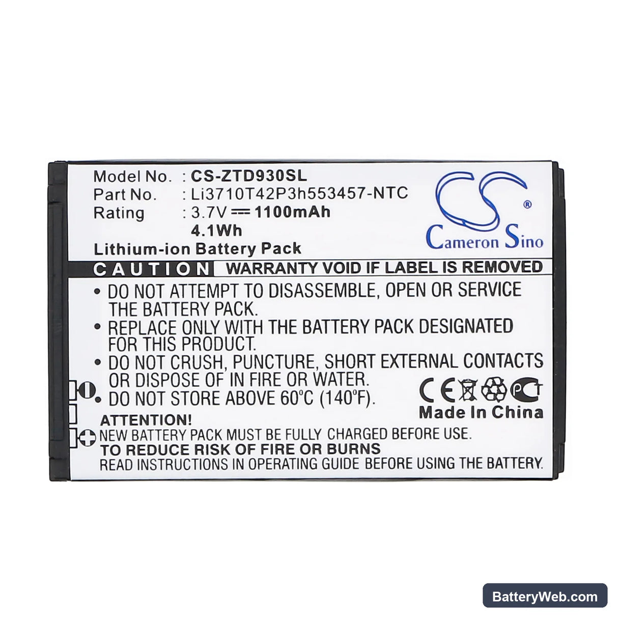 ZTE Chorus Replacement Battery, 3.7V, 1100mAh, Li-ion 3