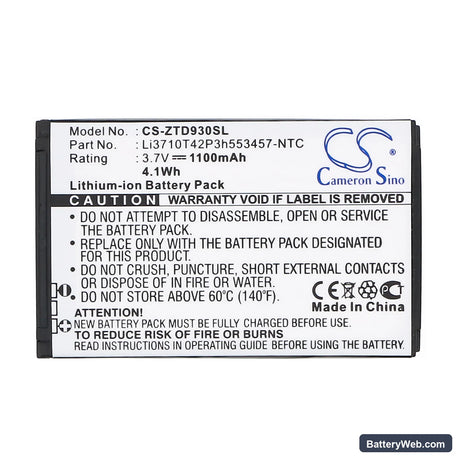 ZTE Chorus Replacement Battery, 3.7V, 1100mAh, Li-ion 3