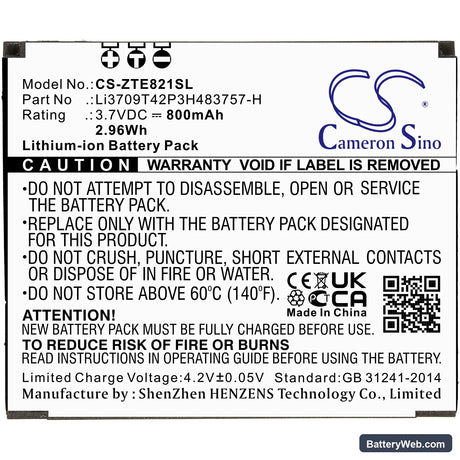 ZTE E821 Replacement Battery, 3.7V, 800mAh, Li-ion 3