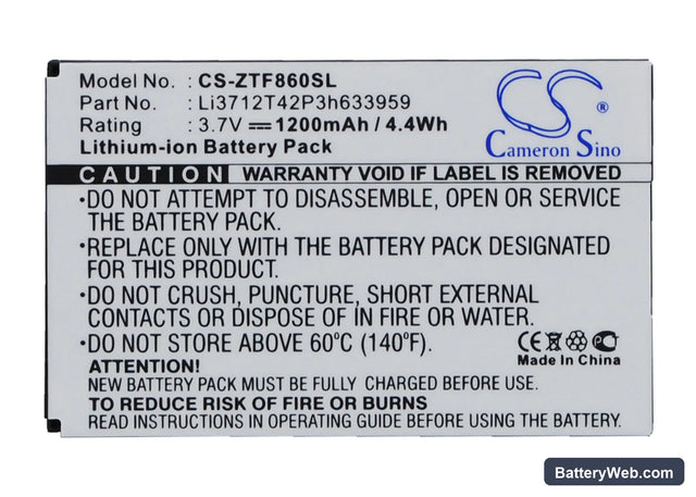 ZTE E700 F860 F868 F866 Replacement Battery, 3.7V, 1200mAh, Li-ion 1
