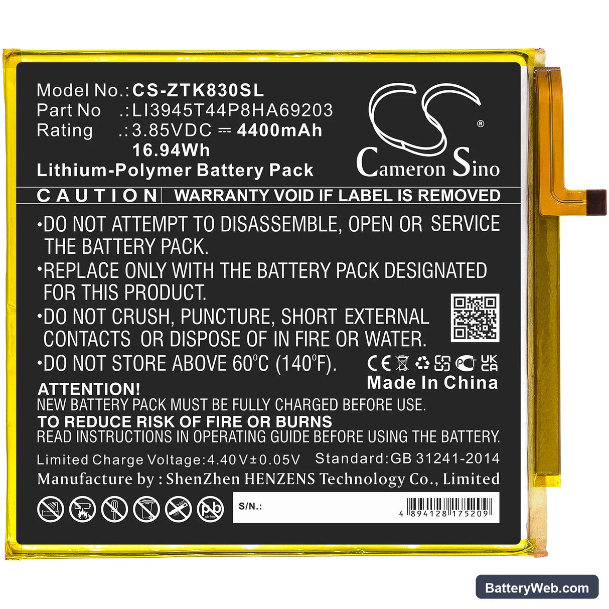 ZTE Grand X View 2 Replacement Battery, 3.85V, 4400mAh, Li-Polymer 3