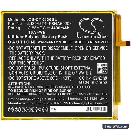 ZTE Grand X View 2 Replacement Battery, 3.85V, 4400mAh, Li-Polymer 3