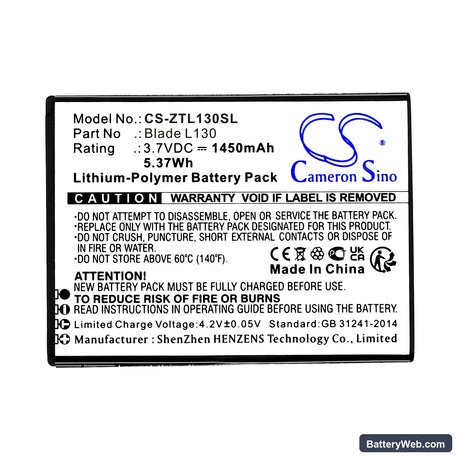 ZTE Blade L130 Replacement Battery, 3.7V, 1450mAh, Li-Polymer 3