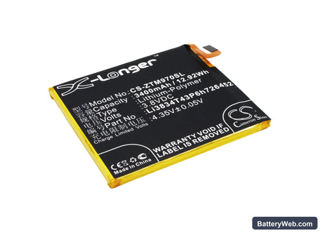 ZTE ZMAX Replacement Battery, 3.8V, 3400mAh, Li-Polymer 1